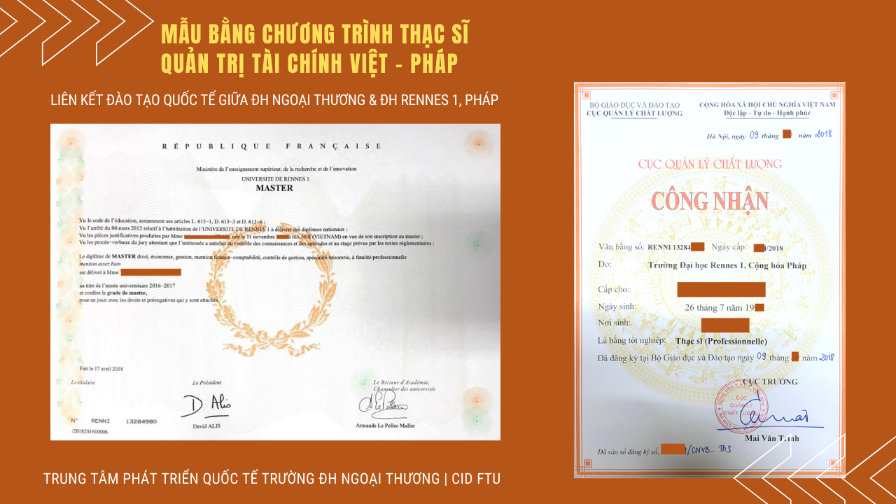 Mẫu văn bằng và kiểm định văn bằng chương trình Thạc sĩ Quản trị Tài chính Việt - Pháp trường ĐH Ngoại thương. 